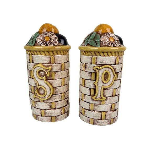 Vintage Tall Basket Weave Ceramic Salt & Pepper Shakers Floral Fruit Retro Home - Picture 1 of 13